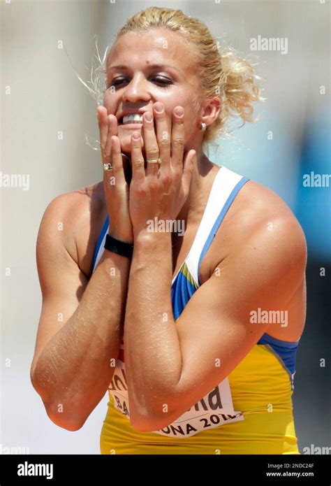 Ukraine's Nataliya Dobrynska reacts during the Women's High Jump ...