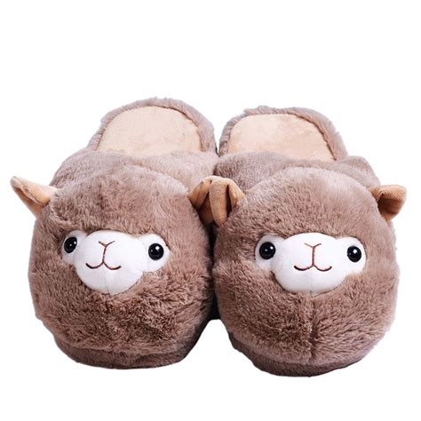 cute alpaca plush slippers winter warm animal slippers furry brownpink