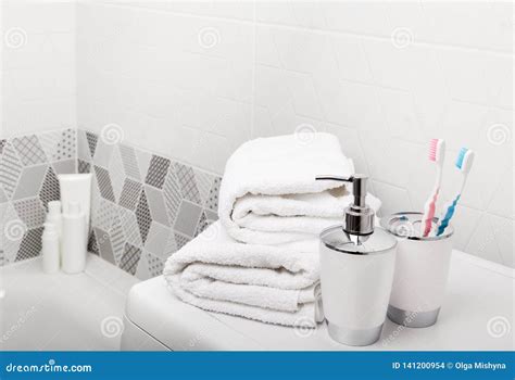 Bathroom, Body Care Products and Towel. Bath Preparation Stock Photo ...