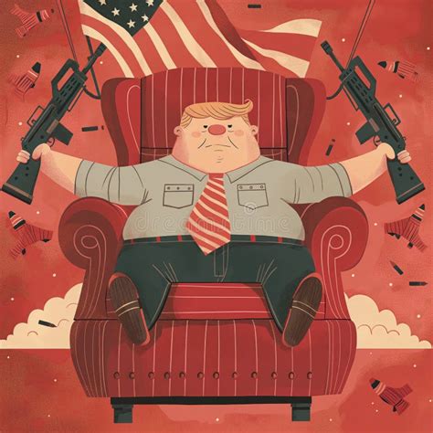 Plump Man Riding Big Armchair with American Flag and Rifle Miniguns ...