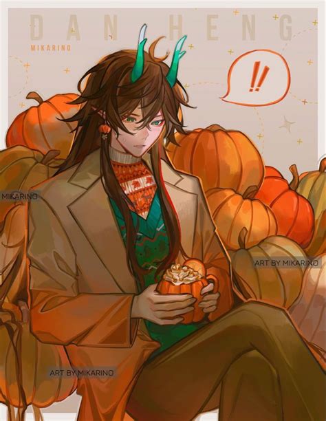 an anime character sitting in front of pumpkins with horns on his head ...