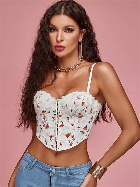 Sexy Women Sweet Floral Print Fishbone Detail Cami Cropped Top Curved