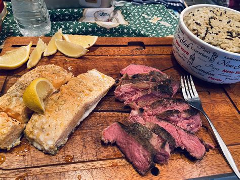 Sous vide grass fed NY strip (134 F), baked wild caught Atlantic salmon