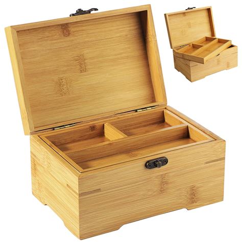 large bamboo wood box  hinged lid  compartments