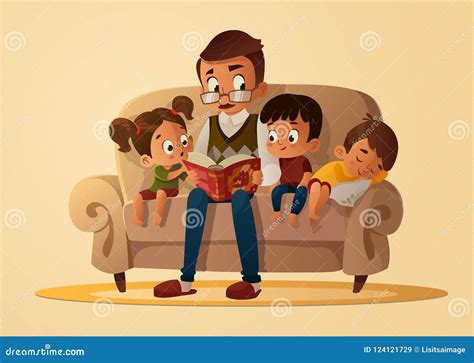 Дед сидя с внуками на уютной софе с книгой, чтение и говоря рассказ ...