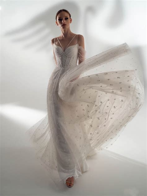Off the shoulder sleeve A-line wedding dress with pearls