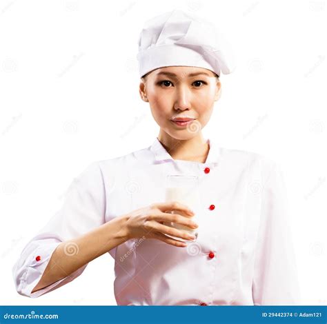 Female Asian Chef Holding a Glass of Milk Stock Photo - Image of copy