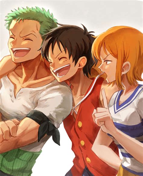 nami, monkey d. luffy, and roronoa zoro (one piece) drawn by oekakiboya