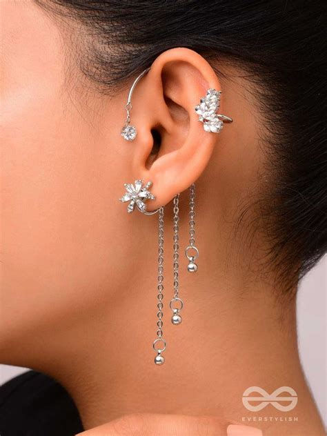 drizzling stars silver embellished single ear cuff  piercing