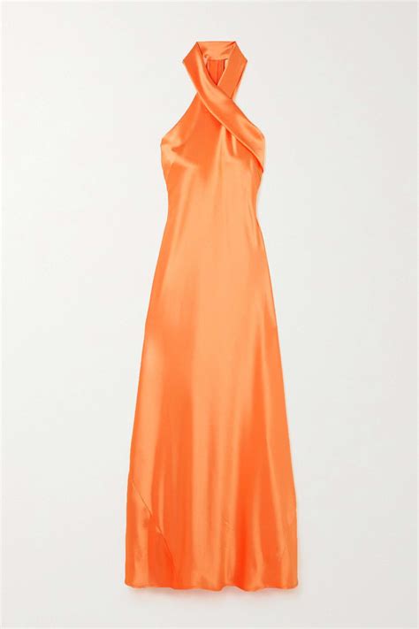 Galvan Pandora Satin Halterneck Midi Dress - Orange | Editorialist