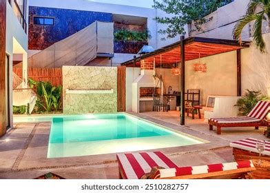 modern luxury villa private pool outdoor stock photo