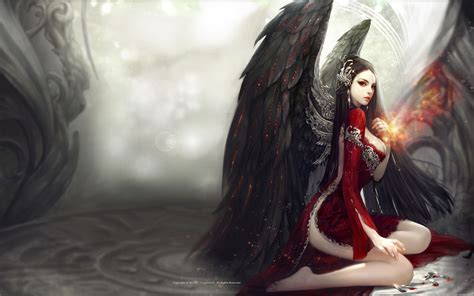 red eyes, long hair, big boobs, hair ornament, wings, black hair, red