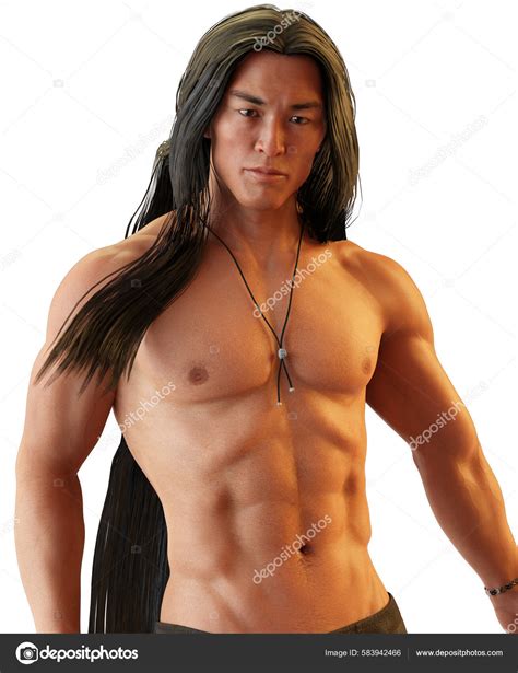 Sexy Shirtless Asian Man Long Black Hair Illustration Stock Photo by
