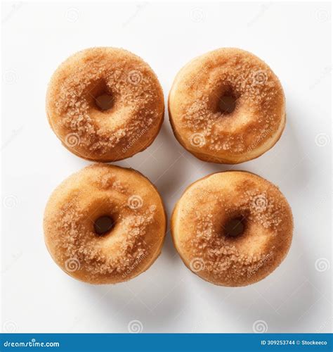 Top View of Five Cinnamon Sugar Donuts with Coffee on a White