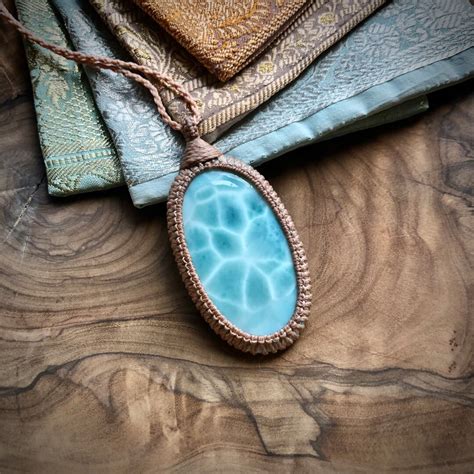 Large Macramé Larimar Pendant, Ocean Pattern, Surfers Necklace ...