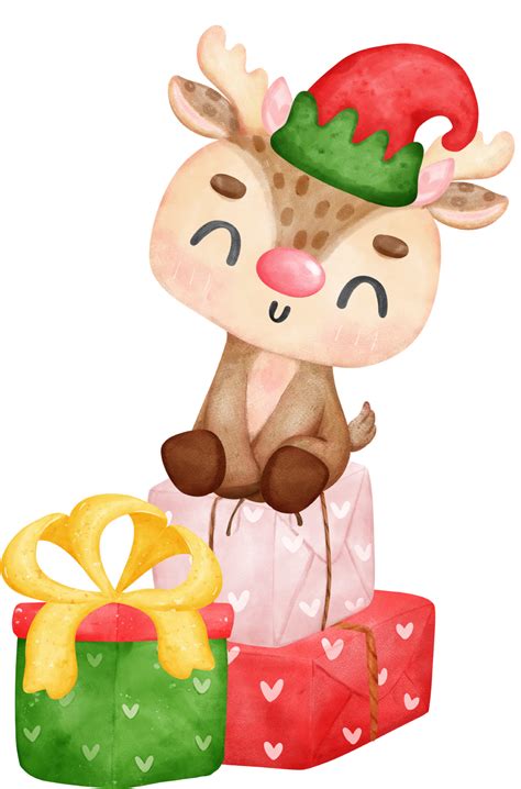 Cute joyfull christmas reindeer on stack gift boxes cartoon watercolor ...