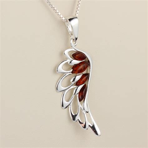 Amber Angel Wing Pendant 925 Sterling Silver Genuine Honey Baltic Amber