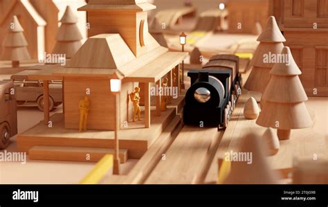 wooden miniature city  toy train cars  buildings small tiny