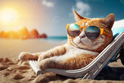 Cat with sunglasses chilling on the beach. Vacation, holiday mood