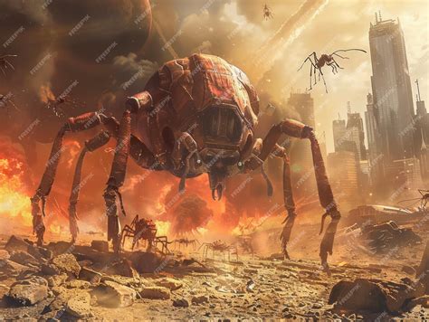 Apocalyptic landscape with giant alien tripod invading a ruined city