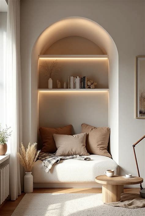 sophisticated built  arched reading nook   curved alcove
