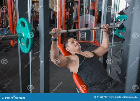 muscular bodybuilder bench press workout  smith machine stock image