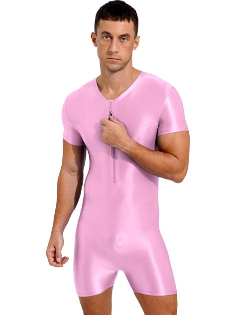 YIZYIF Mens Glossy Front Zipper Bodysuit Jumpsuit Spandex One-Piece