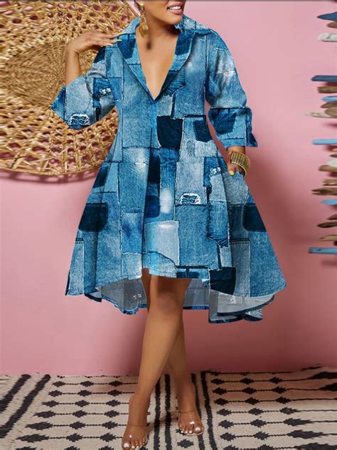 Plus Size Casual Dress Women's Plus Denim Print Long Sleeve Lapel ...
