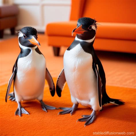 two small rockhopper penguins are standing on an orange terry carpet in