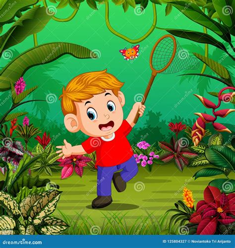 El Muchacho Intenta Coger Una Mariposa En El Bosque Ilustración del