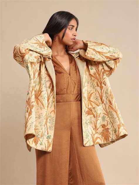 ecru botanical print quilted jacket