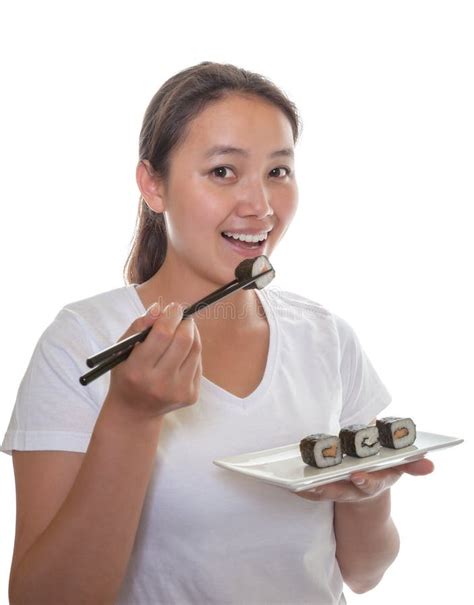 Japanese girl eating sushi stock photo. Image of fresh - 32589898