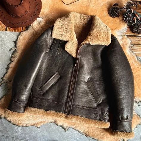 mens shearling leather coat genuine natural sheepskin winter jacket
