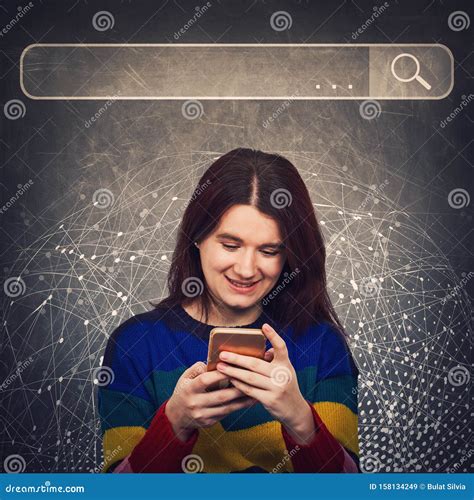 Curious Woman Using Smartphone Browsing Network Search Bar with Loupe