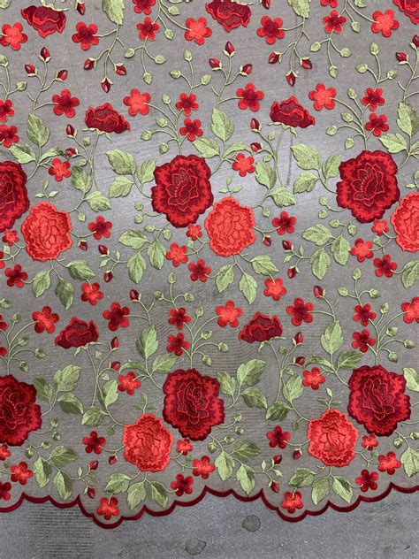 Iris RED Floral and Leaves Embroidery on NUDE Mesh Lace Fabric | Etsy