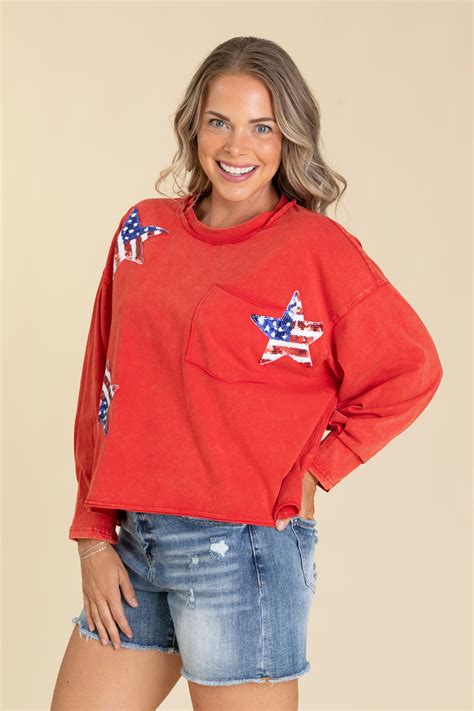 Washed Red Flag Star Sequin Patch Knit TopFilly Flair