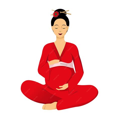 Premium Vector | Asian pregnant woman with red kimono sitting