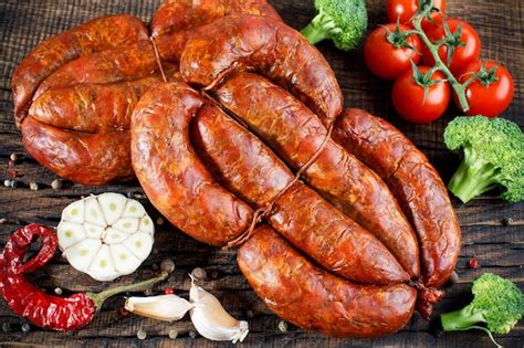 Premium Photo | Salami sausages from boiled meat on a dark board