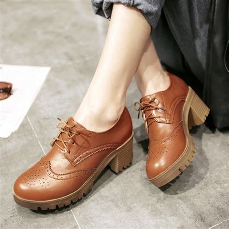 Brown Old School Vintage Lace Up High Heels Women Oxfords Shoes