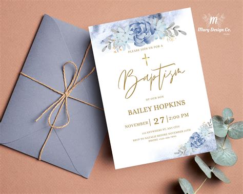 baby boy baptism invitation template editable christening invitation