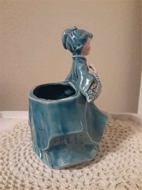 Vintage Southern Belle Planter Girl in Blue Dress With Matching Basket