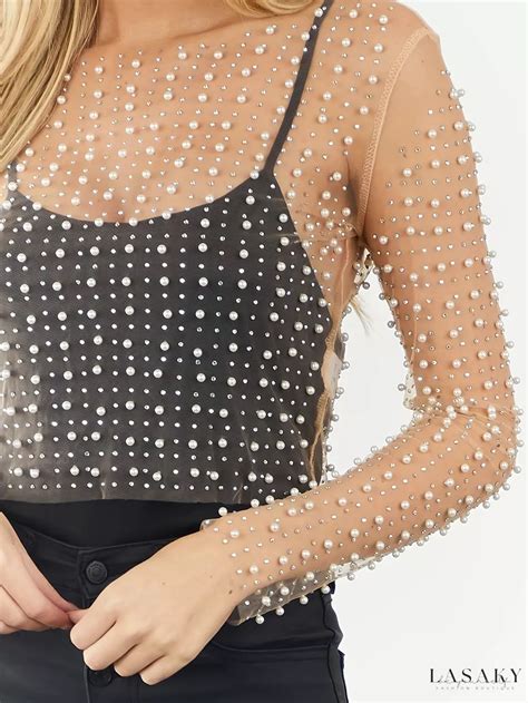Lasaky – Rhinestone-Embellished Sheer Cropped Top: Elegant Long Sleeve ...