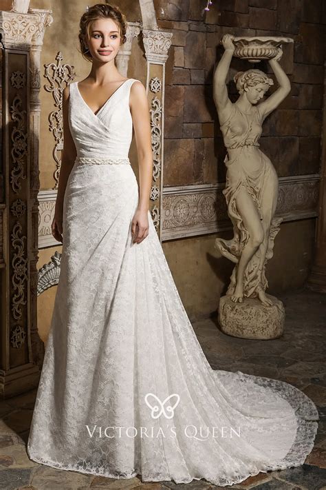 Side Draped V Neck Ivory Lace Fancy Wedding Dress - VQ
