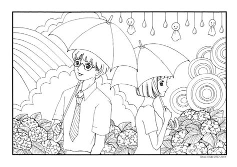 6月ぬりえ・傘・あじさい・雨・虹・てるてる坊主・レインコート・梅雨・大人の塗り絵・線画・イラスト | かえちゃびのぬりえカレンダー