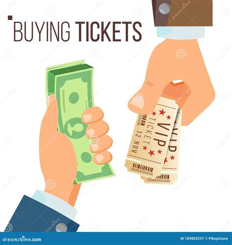Buying and Selling Tickets Vector. Hands Holding Money and Two Tickets
