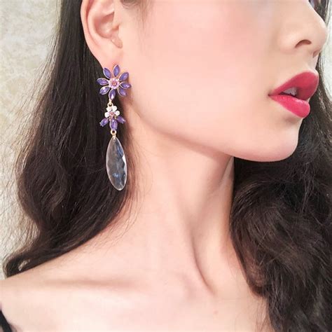 KR-157 ต่างหูเกาหลีก้านเงิน S925 อะไหล่ทองแต่งพลอยสีม่วงรูปดอกไม้เกสร ...