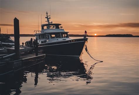 Premium AI Image | Fishing boat in the harbor at sunset