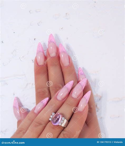 Long French Nails with White Manicure on a Woman`s Hand Stock Image ...