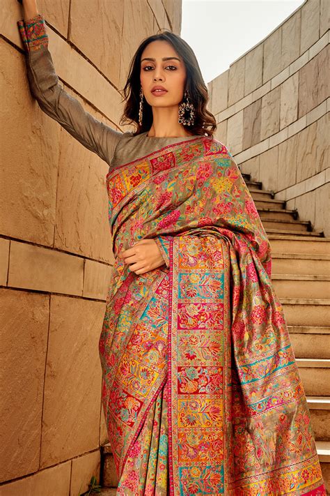 buy golden kashmiri pashminasilk saree  blouse piece  karagiri