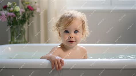 Premium AI Image | Portrait of cute little girl bathes in bathtub at home